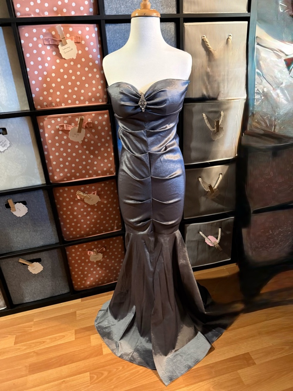 Strapless Metallic Silver Mermaid Gown